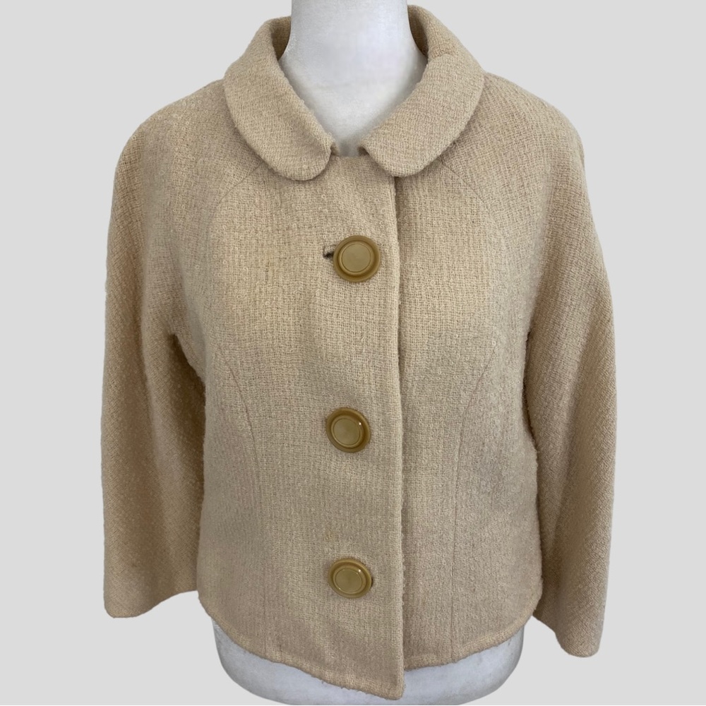 Vintage Tan Textured Wool Cropped Jacket with Oversized Buttons